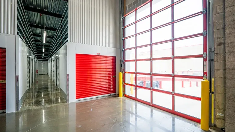 Large garage door entrance for indoor storage units. 